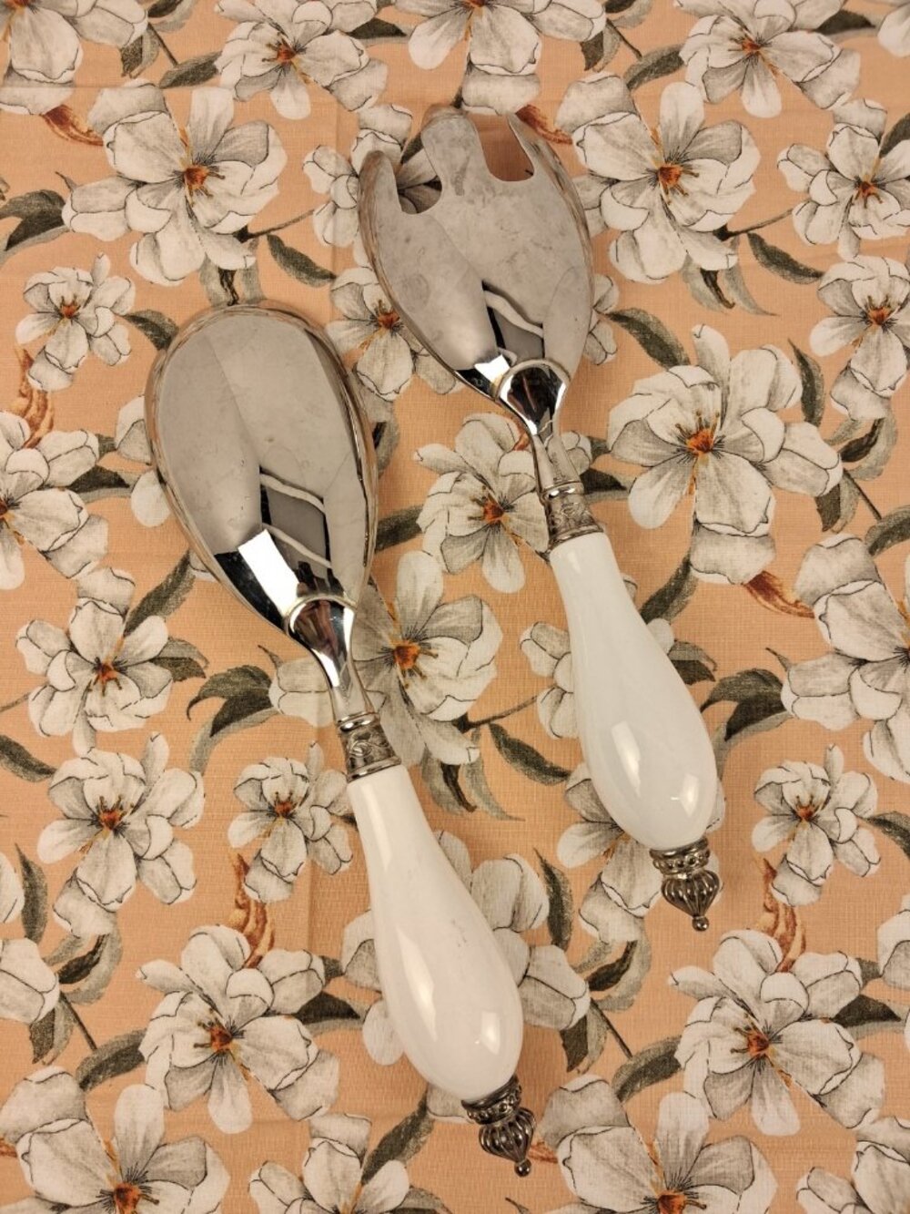 VTG GODINGER Silverplated White Porcelain Handle Spoon Fork Server Set 10.75" L - Picture 8 of 9